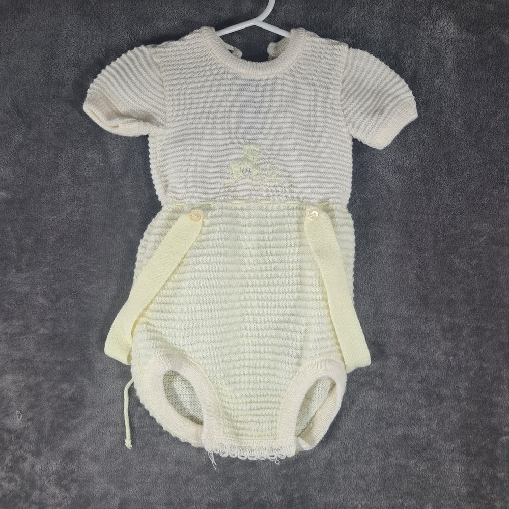 VTG Knit Baby Romper Cream Yellow Poodle Embroidered Button Back One Piece Retro
